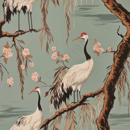 Crane Birds and Cherry Blossom Wallpaper River Green Tones, Special Design Romantic Wallpaper, Birds Wallpaper, Vintage Nature Wallpaper