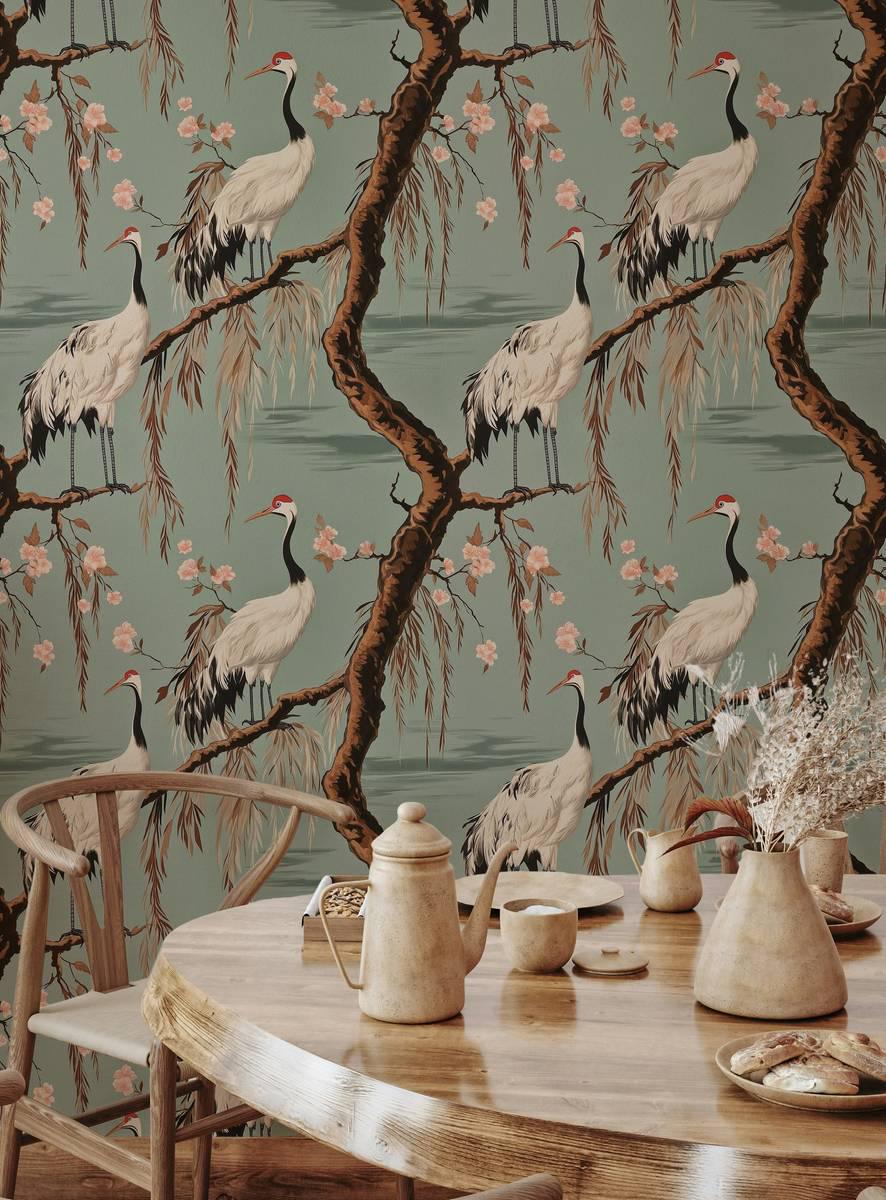 Crane Birds and Cherry Blossom Wallpaper River Green Tones, Special Design Romantic Wallpaper, Birds Wallpaper, Vintage Nature Wallpaper