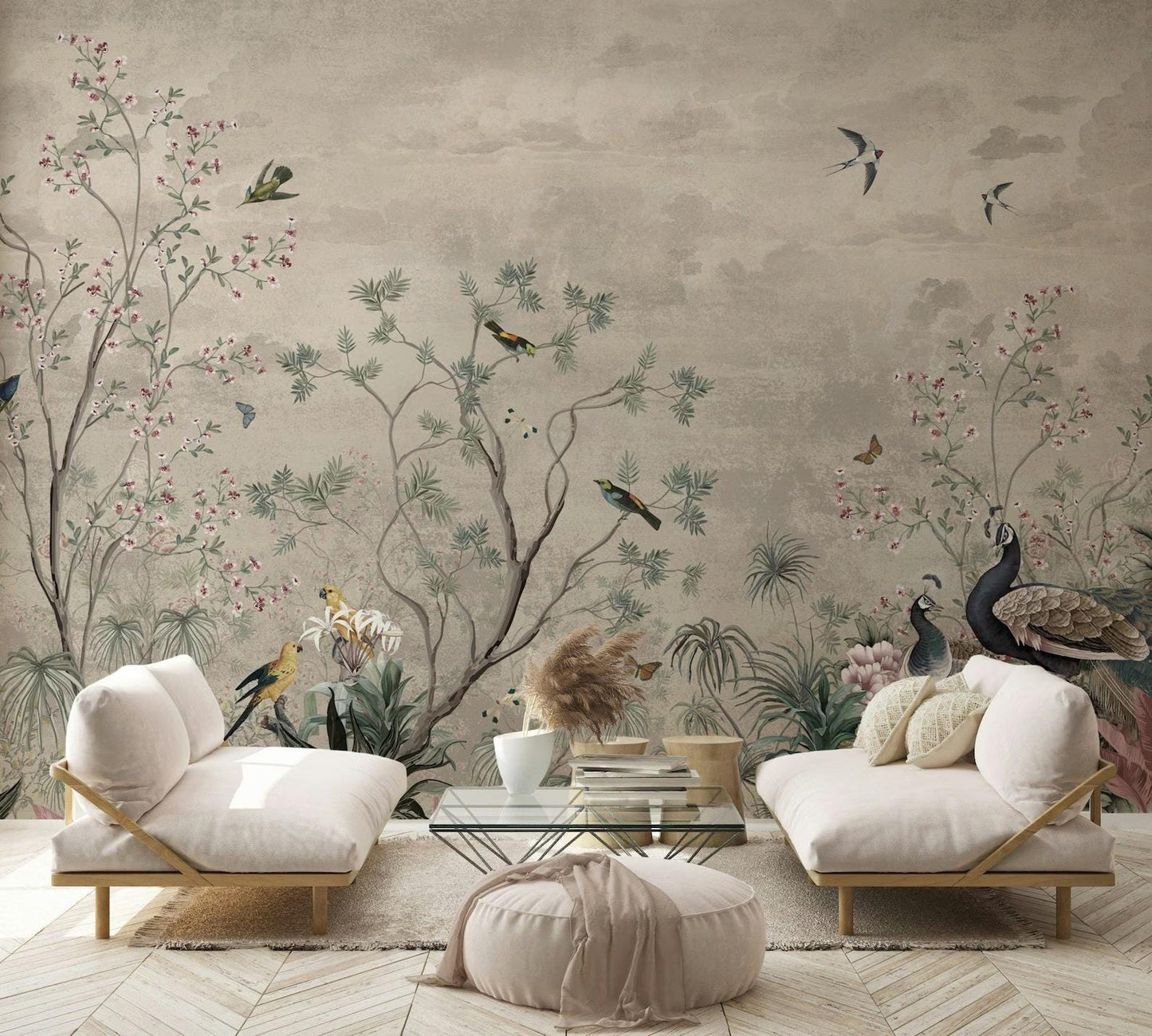 Birds and Nature Wallpaper, Peel and Stick Wall Mural, Drawing Floral Wall Poster, Safe World Wallpaper, Chinoiserie Vintage Wallpaper