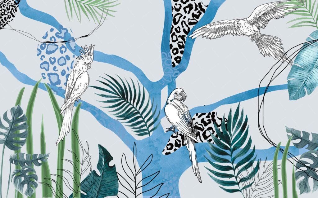 Parrot and Plant Patterned 3D Wallpaper, Tropical Wallpaper, Blue Wallpaper, Illustration Mural, Peel and Stick Wallpaper, Wall Design