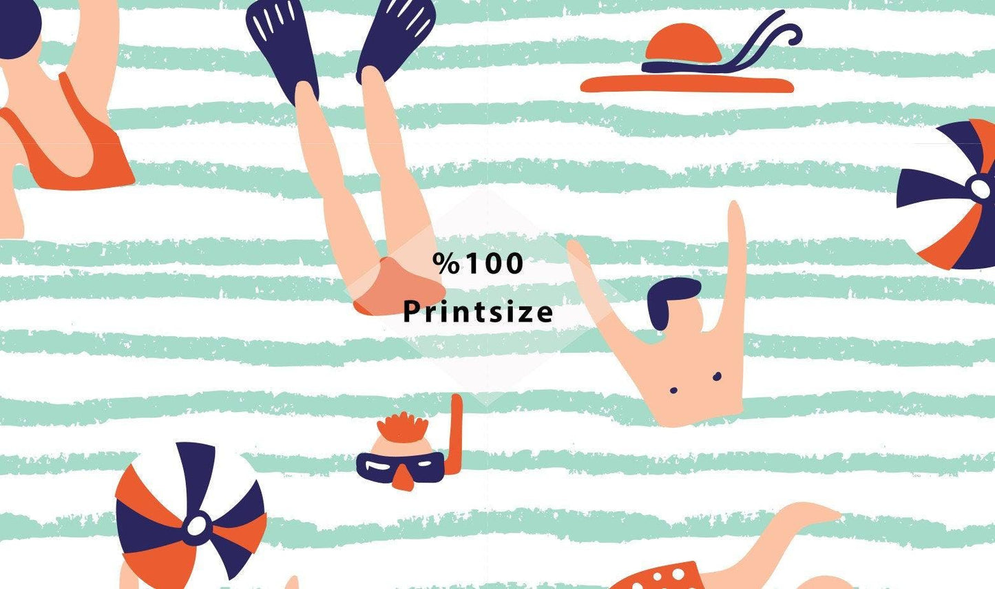 Funny Blue Sea Wallpaper, Illustration Wallpaper, People Playing in Sea Wallpaper, Modern Mural, Abstract Pattern Wallpaper, Blue Wallpaper