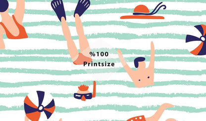 Funny Blue Sea Wallpaper, Illustration Wallpaper, People Playing in Sea Wallpaper, Modern Mural, Abstract Pattern Wallpaper, Blue Wallpaper