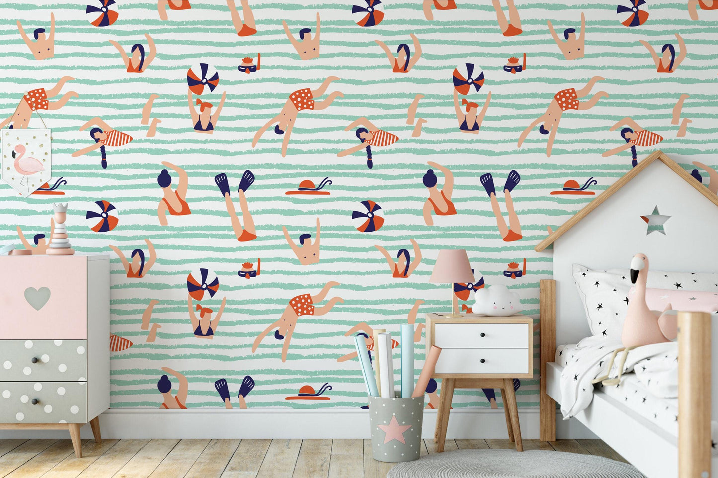 Funny Blue Sea Wallpaper, Illustration Wallpaper, People Playing in Sea Wallpaper, Modern Mural, Abstract Pattern Wallpaper, Blue Wallpaper