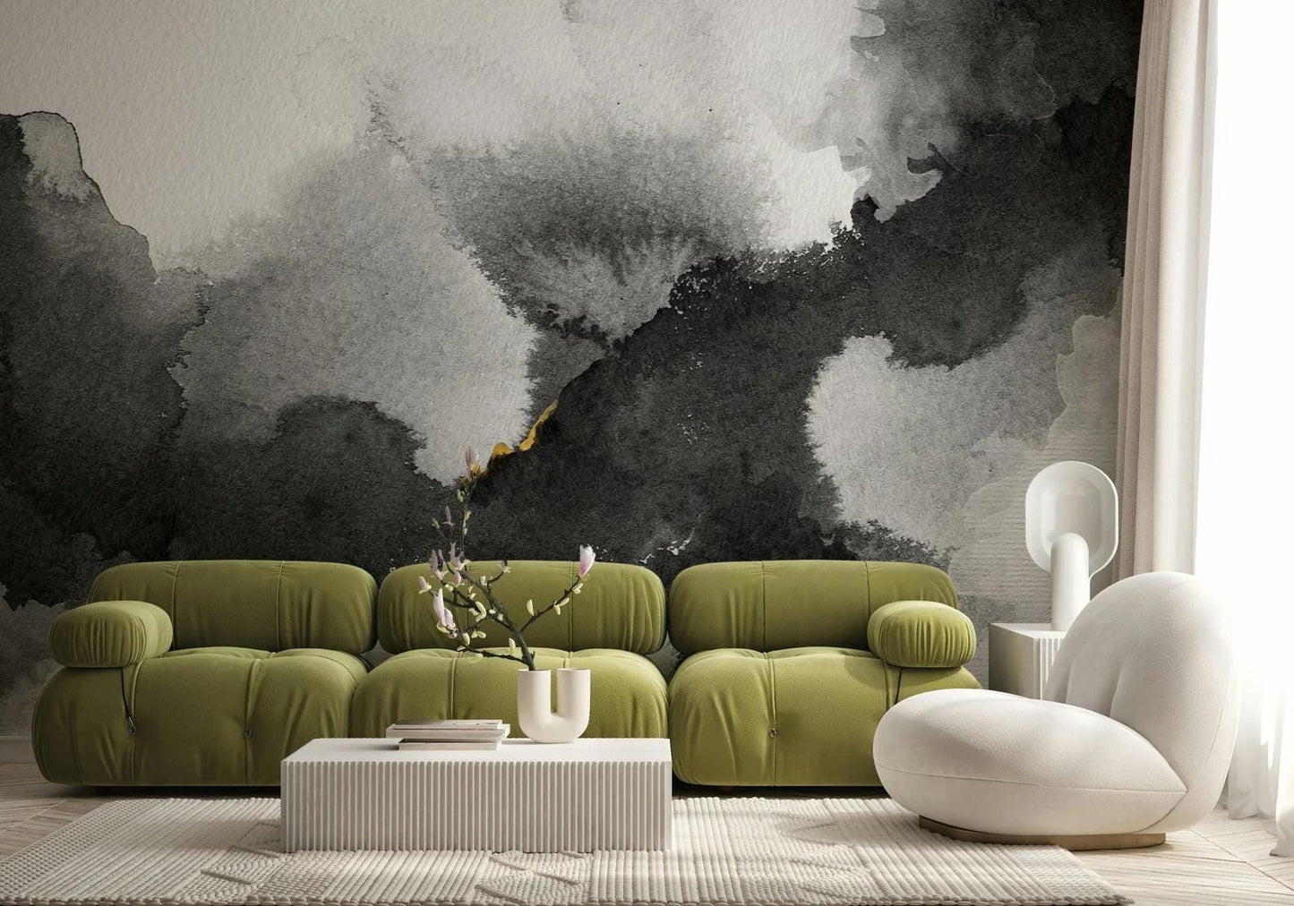 White Black Brush Effect Wallpaper, Boho Style Pattern Wallpaper, Monochrome Wallpaper, Watercolor Wallpaper, Abstract Pattern Wallpaper