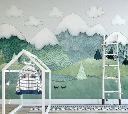 Illustration Mountain 3D Kids Wallpaper, Green Wall Poster, Drawwing Child Wallpaper, Funny Baby Wallpaper, Colourful Watercolor Nursery