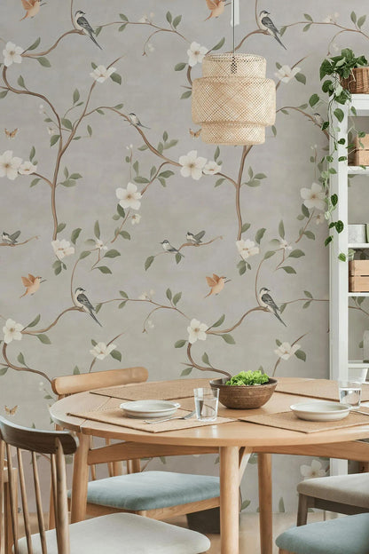 Birds and Flowers on Beige Background Wallpaper, Vintage Floral Pattern Wallpaper, Romantic Drawing Mural, Elegant Chinoiserie Wallpaper