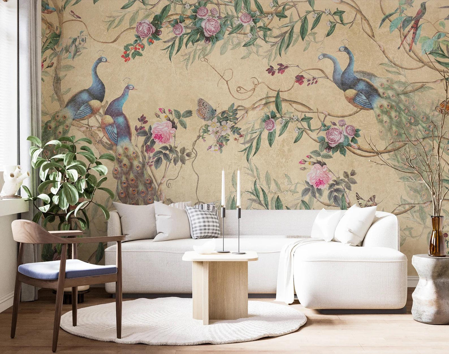 Peacocks in Rose Garden Wallpaper with Yellow Beige Background, Vintage Floral Wallpaper, Romantic Mural, Elegant Chinoiserie Wallpaper