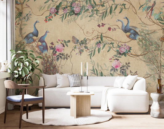 Peacocks in Rose Garden Wallpaper with Yellow Beige Background, Vintage Floral Wallpaper, Romantic Mural, Elegant Chinoiserie Wallpaper
