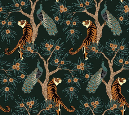 Tigers With Exotic Trees Wallpaper, Dark Botanical Wallpaper, Black Wallpaper, Green Exotic Plants on Black Background Wallpaper