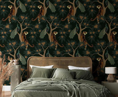 Tigers With Exotic Trees Wallpaper, Dark Botanical Wallpaper, Black Wallpaper, Green Exotic Plants on Black Background Wallpaper