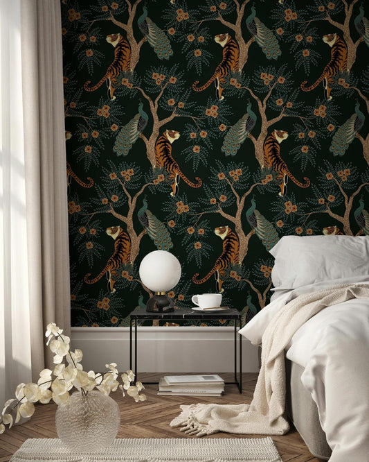 Tigers With Exotic Trees Wallpaper, Dark Botanical Wallpaper, Black Wallpaper, Green Exotic Plants on Black Background Wallpaper