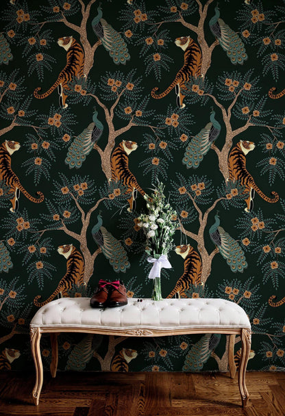 Tigers With Exotic Trees Wallpaper, Dark Botanical Wallpaper, Black Wallpaper, Green Exotic Plants on Black Background Wallpaper