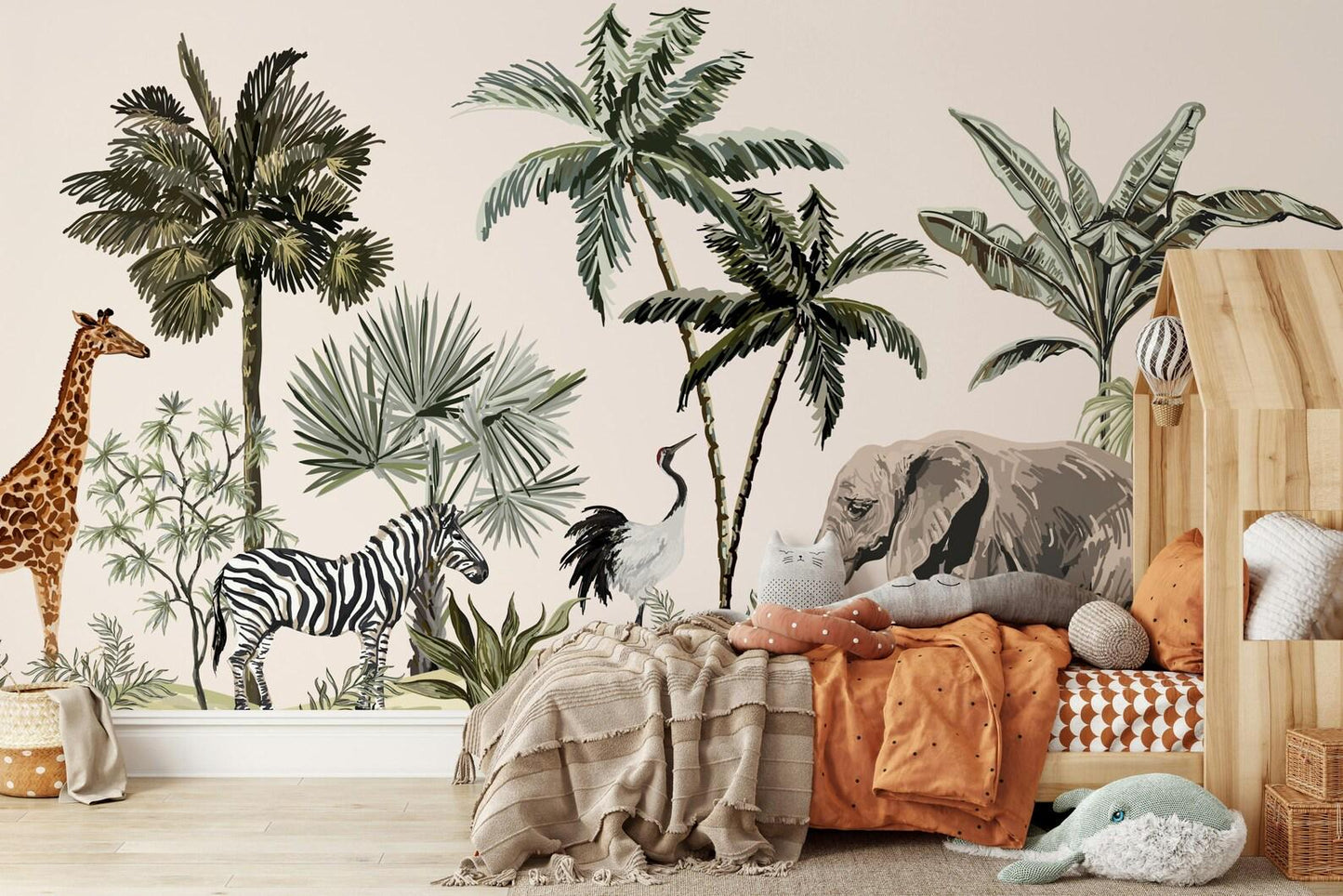 Tropical Jungle Kids Wallpaper, Wildlife Elephant Giraffe Zebra Wallpaper for Kidsroom, Safari Child Wallpaper, Jungle Wallpaper Nursery