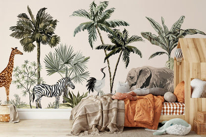 Tropical Jungle Kids Wallpaper, Wildlife Elephant Giraffe Zebra Wallpaper for Kidsroom, Safari Child Wallpaper, Jungle Wallpaper Nursery