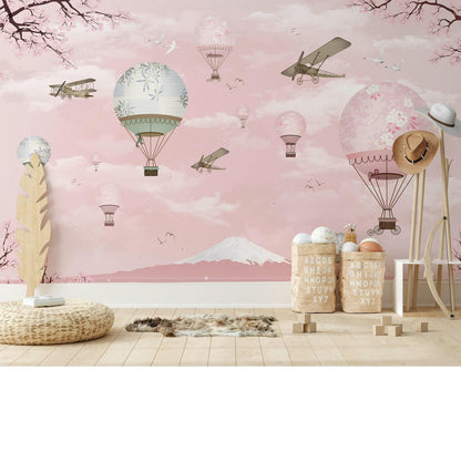 Balloons in Pink Sky Kids Wallpaper, Sky Child Wallpaper, Cute Wallpaper Nursery, Pink Baby Boy Wallpaper, Pink Baby Girl Wall Poster