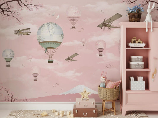 Balloons in Pink Sky Kids Wallpaper, Sky Child Wallpaper, Cute Wallpaper Nursery, Pink Baby Boy Wallpaper, Pink Baby Girl Wall Poster