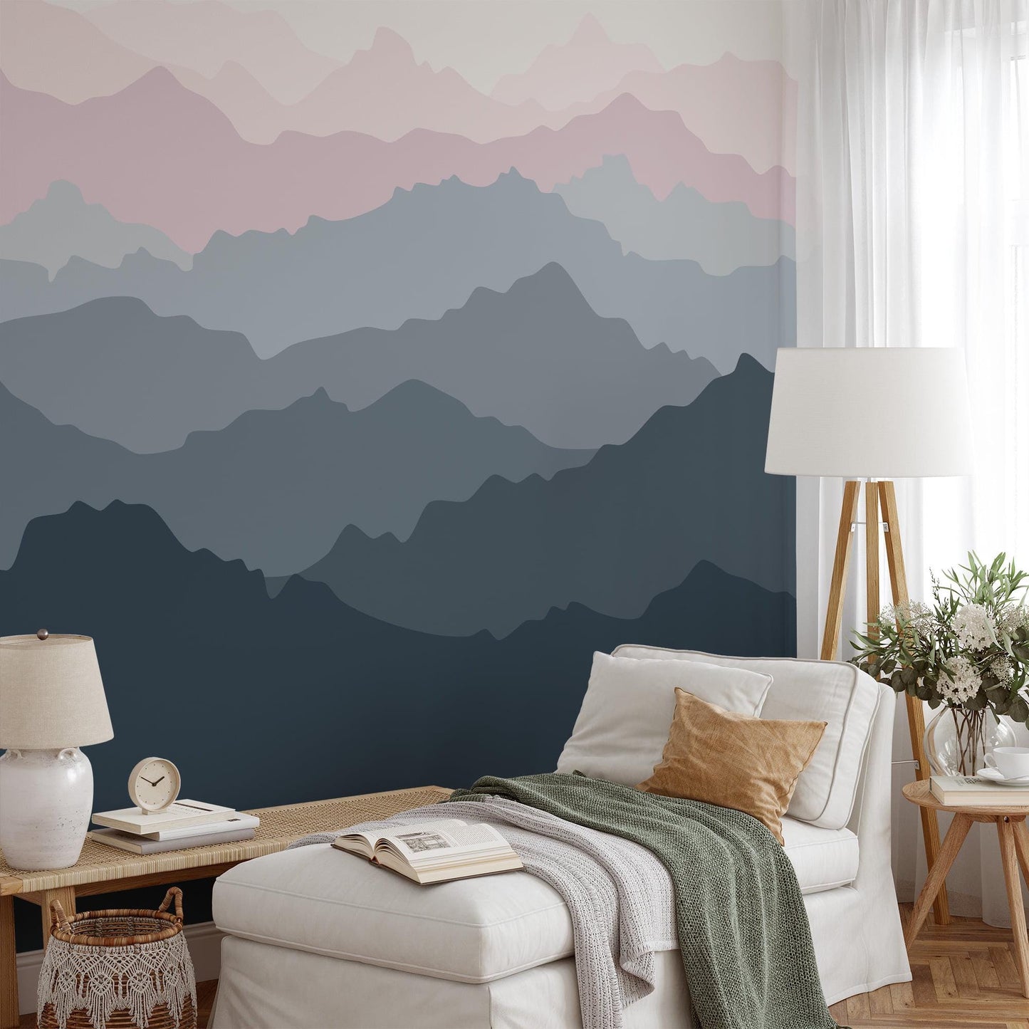 Abstract Forest wallpaper in Blue Gray Tones, Foggy Forest Wallpaper, Illustration Mountain Wallpaper, Watercolor Wallpaper