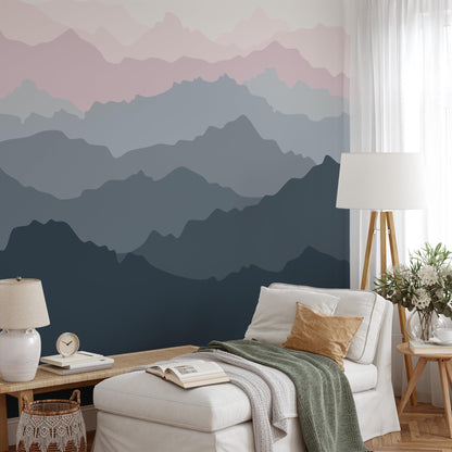 Abstract Forest wallpaper in Blue Gray Tones, Foggy Forest Wallpaper, Illustration Mountain Wallpaper, Watercolor Wallpaper