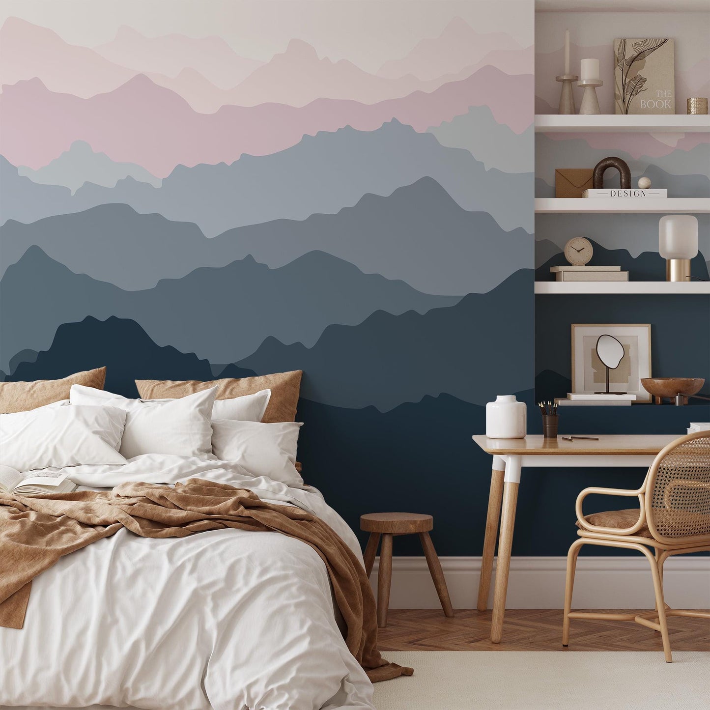 Abstract Forest wallpaper in Blue Gray Tones, Foggy Forest Wallpaper, Illustration Mountain Wallpaper, Watercolor Wallpaper
