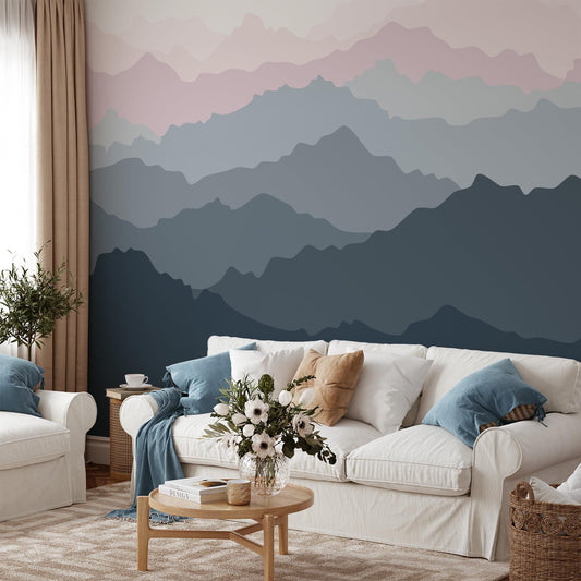 Abstract Forest wallpaper in Blue Gray Tones, Foggy Forest Wallpaper, Illustration Mountain Wallpaper, Watercolor Wallpaper