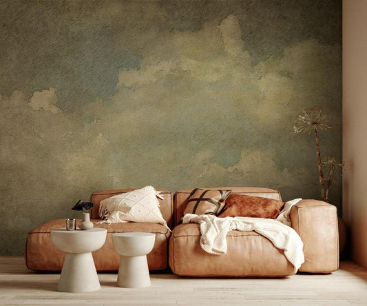 Vintage Clouds Wallpaper, Soft Drawwing Wallpaper, Sky Wallpaper, Cloudy Nature Mural, Peel and Stick Wallpaper, Blue Wallpaper