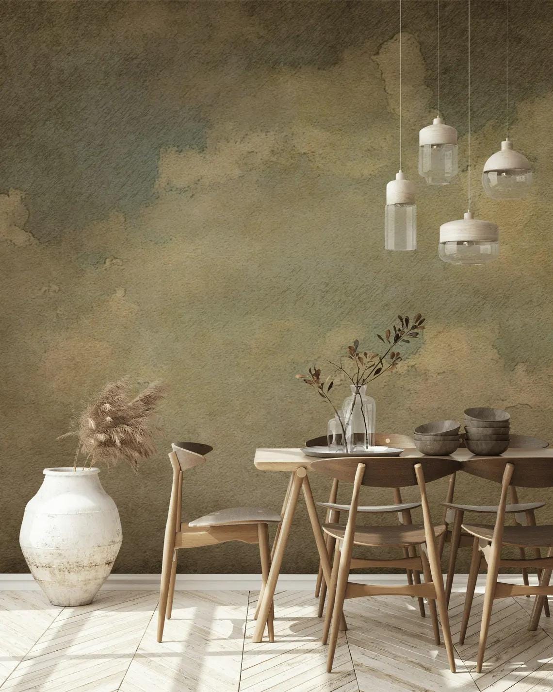 Vintage Clouds Wallpaper, Soft Drawwing Wallpaper, Sky Wallpaper, Cloudy Nature Mural, Peel and Stick Wallpaper, Blue Wallpaper