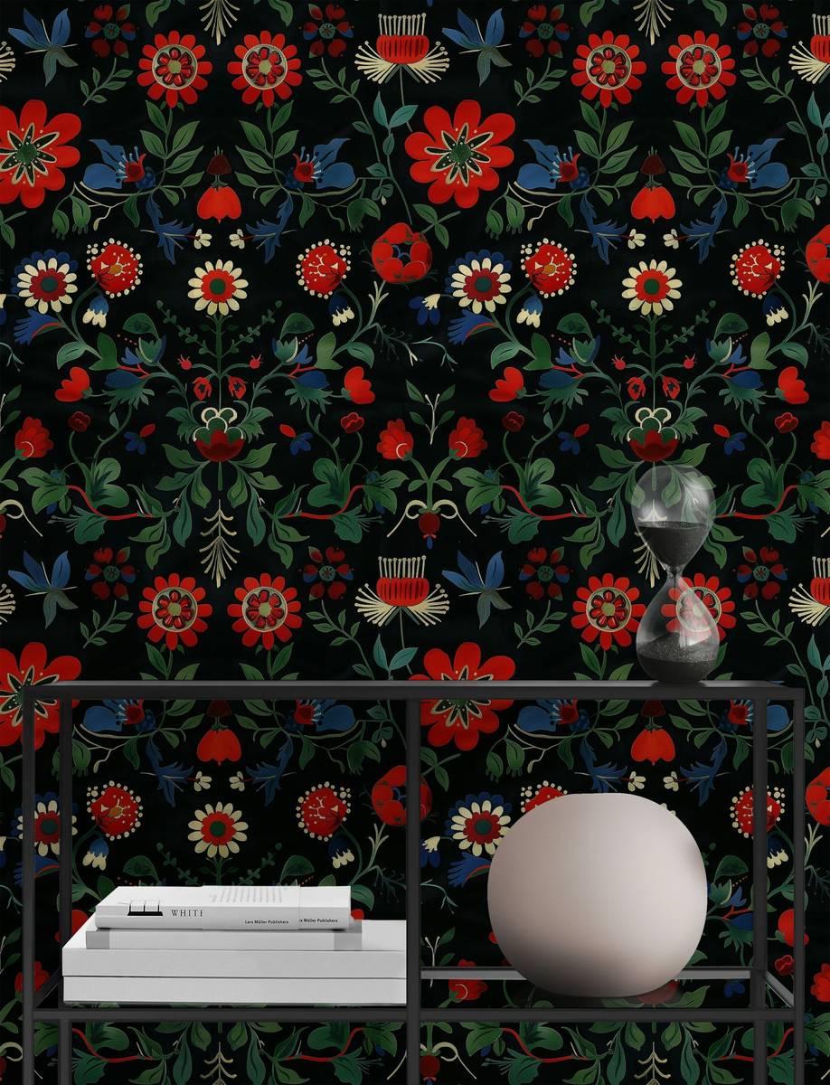 Traditional Turkish Pattern Floral Wallpaper, Dark Background, Black Wallpaper with Red Flowers, Hand Painted Darkness Floral Wallpaper