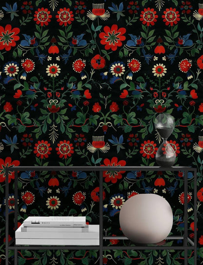 Traditional Turkish Pattern Floral Wallpaper, Dark Background, Black Wallpaper with Red Flowers, Hand Painted Darkness Floral Wallpaper