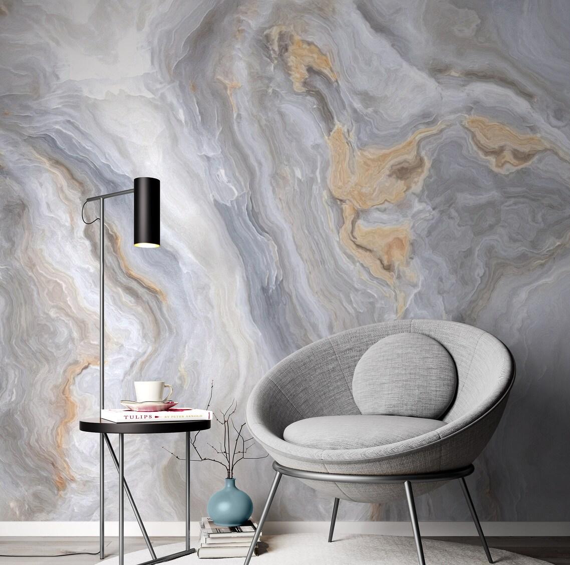 Natural Wave Marble Pattern Gray Wallpaper, Abstract Peel and Stick Wallpaper, Stylish Room Design, Modern Wallpaper, Cool Mural