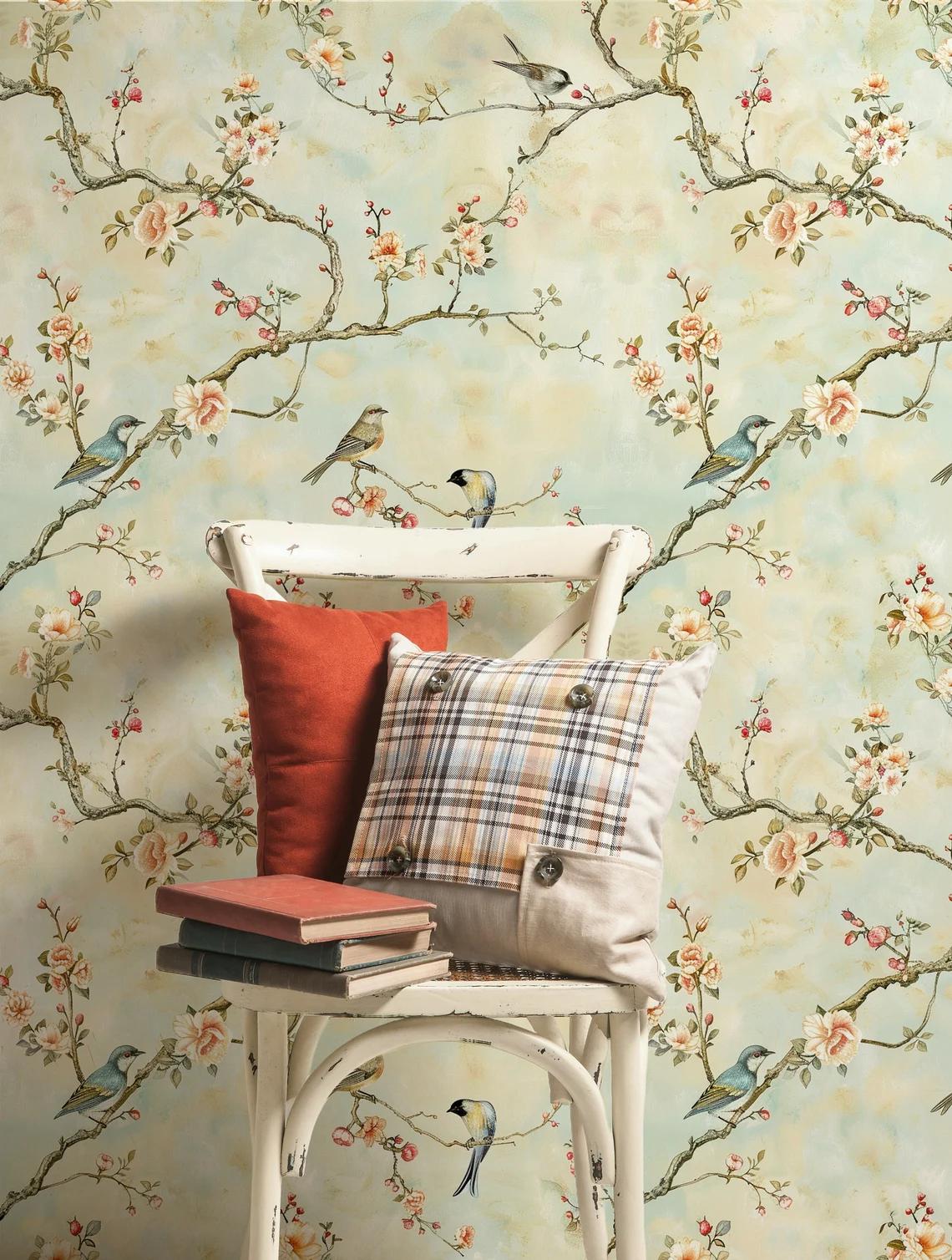 Romantic Birds Heaven on Spring Branch, Vintage Floral Pattern Wallpaper, Drawing Flowers Mural, Elegant Chinoiserie Wallpaper
