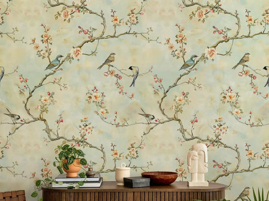 Romantic Birds Heaven on Spring Branch, Vintage Floral Pattern Wallpaper, Drawing Flowers Mural, Elegant Chinoiserie Wallpaper