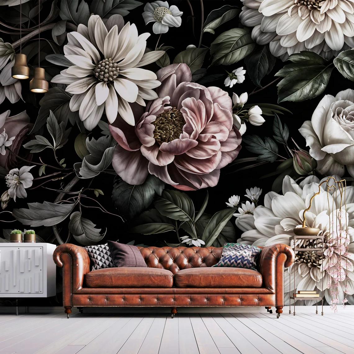 Night Garden Big Flowers Wallpaper, Elegant Flowers Wallpaper, Darkness Floral Painting Wallpaper, Romantic Mural, Bloom Wallpaper