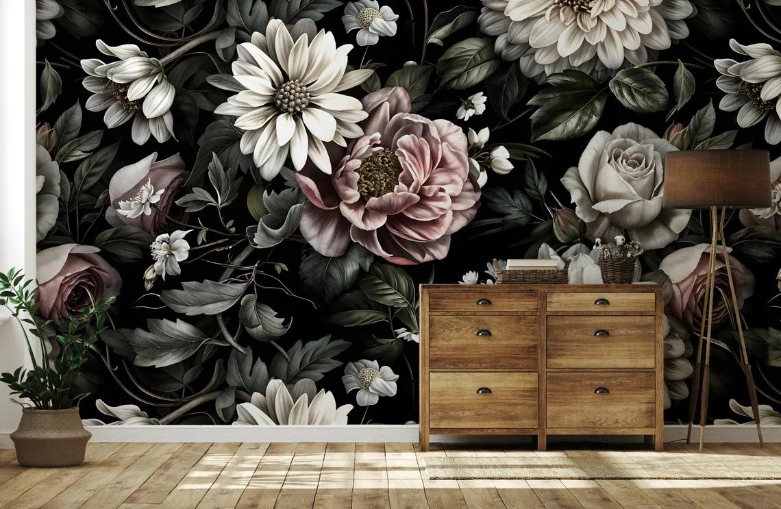 Night Garden Big Flowers Wallpaper, Elegant Flowers Wallpaper, Darkness Floral Painting Wallpaper, Romantic Mural, Bloom Wallpaper