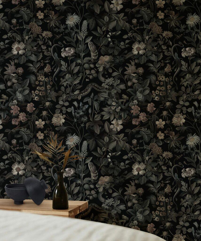 Mixed Dangerous Dark Botanicals Wallpaper, Snakes and Flowers, Exotic Night Plants, Black background Wallpaper, Dark Fantastic Mural