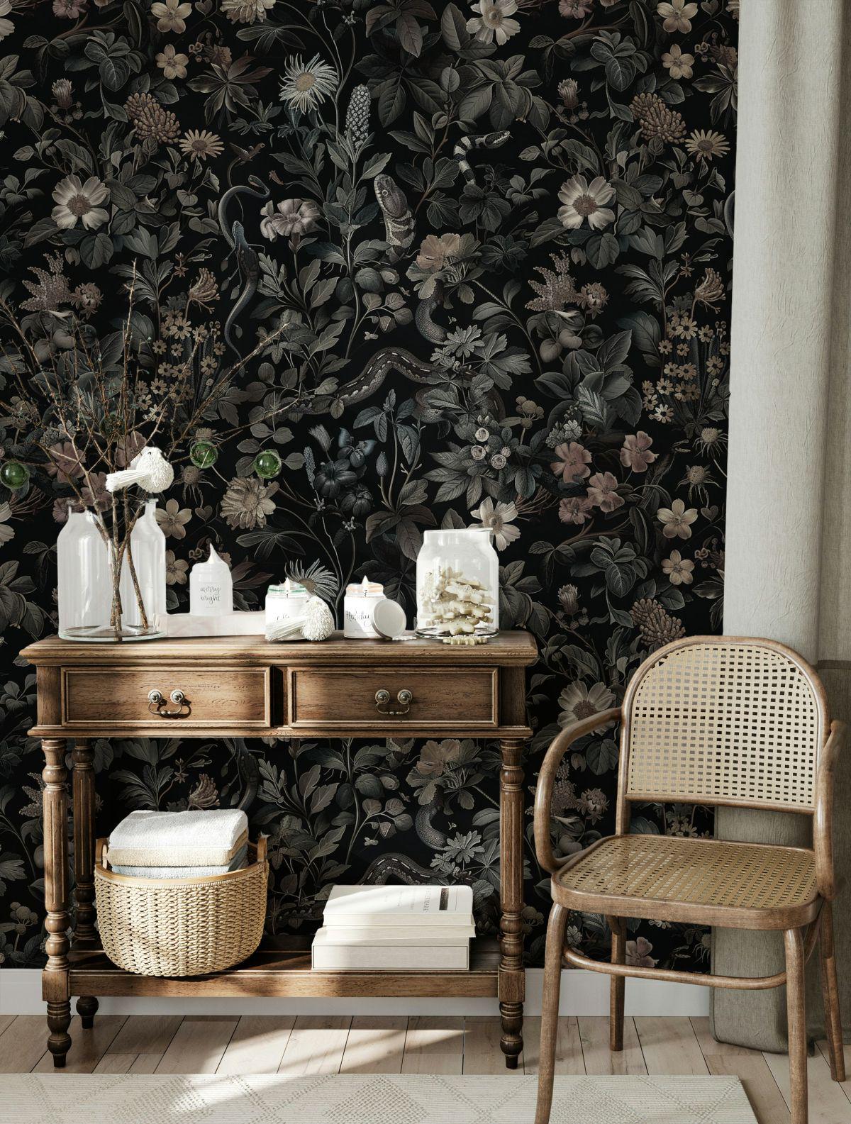 Mixed Dangerous Dark Botanicals Wallpaper, Snakes and Flowers, Exotic Night Plants, Black background Wallpaper, Dark Fantastic Mural