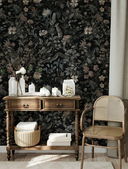 Mixed Dangerous Dark Botanicals Wallpaper, Snakes and Flowers, Exotic Night Plants, Black background Wallpaper, Dark Fantastic Mural