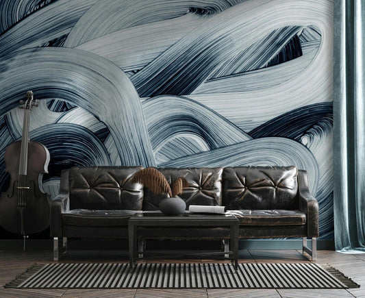 Abstract Blue Brush Marks Wallpaper, Blue Waves 3D Bathroom Wallpaper, Stylish Modern Artistic Poster, Boho Wallpaper