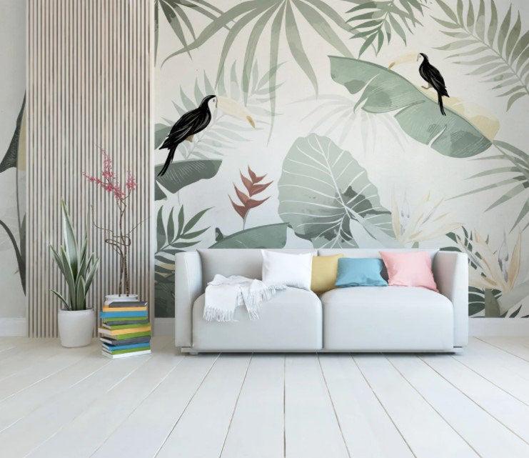 Illustration Tropical Plant and Parrot Wallpaper, Tropical Forest Wallpaper, Bird Sanctuary Wallpaper, Exotic Plant Floral Wallpaper