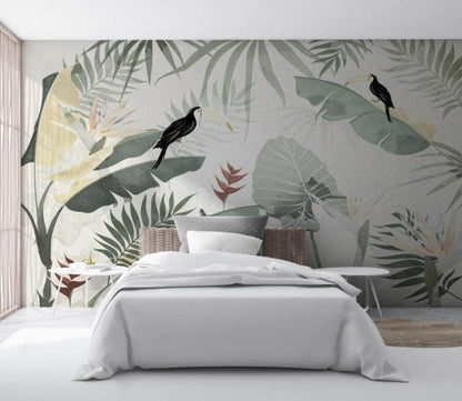 Illustration Tropical Plant and Parrot Wallpaper, Tropical Forest Wallpaper, Bird Sanctuary Wallpaper, Exotic Plant Floral Wallpaper