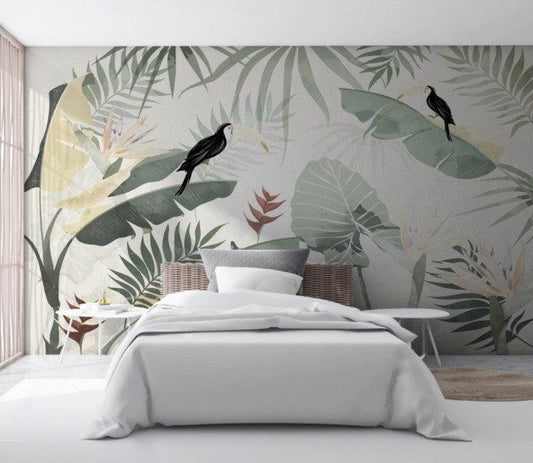Illustration Tropical Plant and Parrot Wallpaper, Tropical Forest Wallpaper, Bird Sanctuary Wallpaper, Exotic Plant Floral Wallpaper