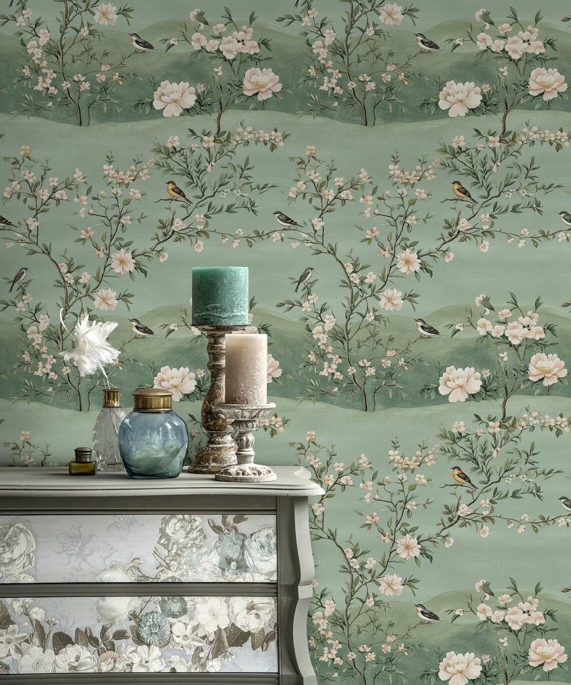 Green Vintage Wallpaper with Birds and Flowers, Vintage Floral Pattern Wallpaper, Romantic Drawing Mural, Elegant Chinoiserie Wallpaper