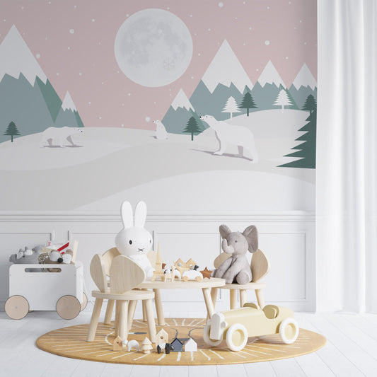 Winter's Tale Kidsroom Wall Poster, Illustration Snowy Mountains Child  Wallpaper, Funny Baby Wallpaper, Colourful Watercolor Nursery