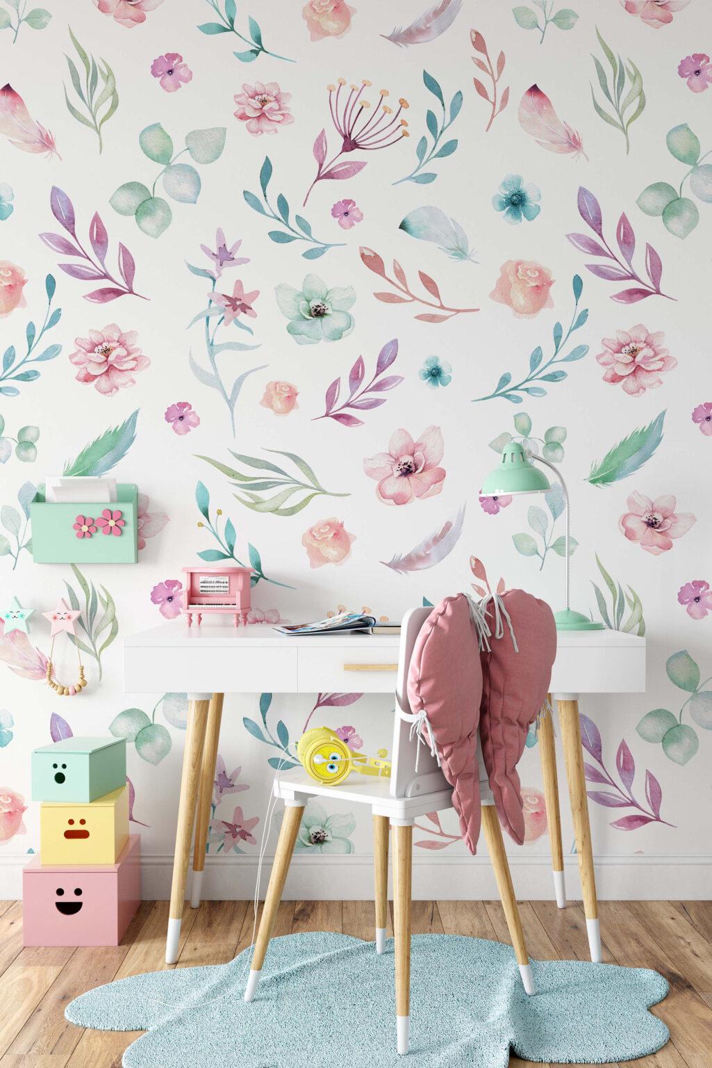 Pink Mini Flowers Garden Wallpaper, Watercolor Flowers Baby Girl Wallpaper, Flowers Garden Wallpaper, Watercolor Floral Wallpaper Nursery