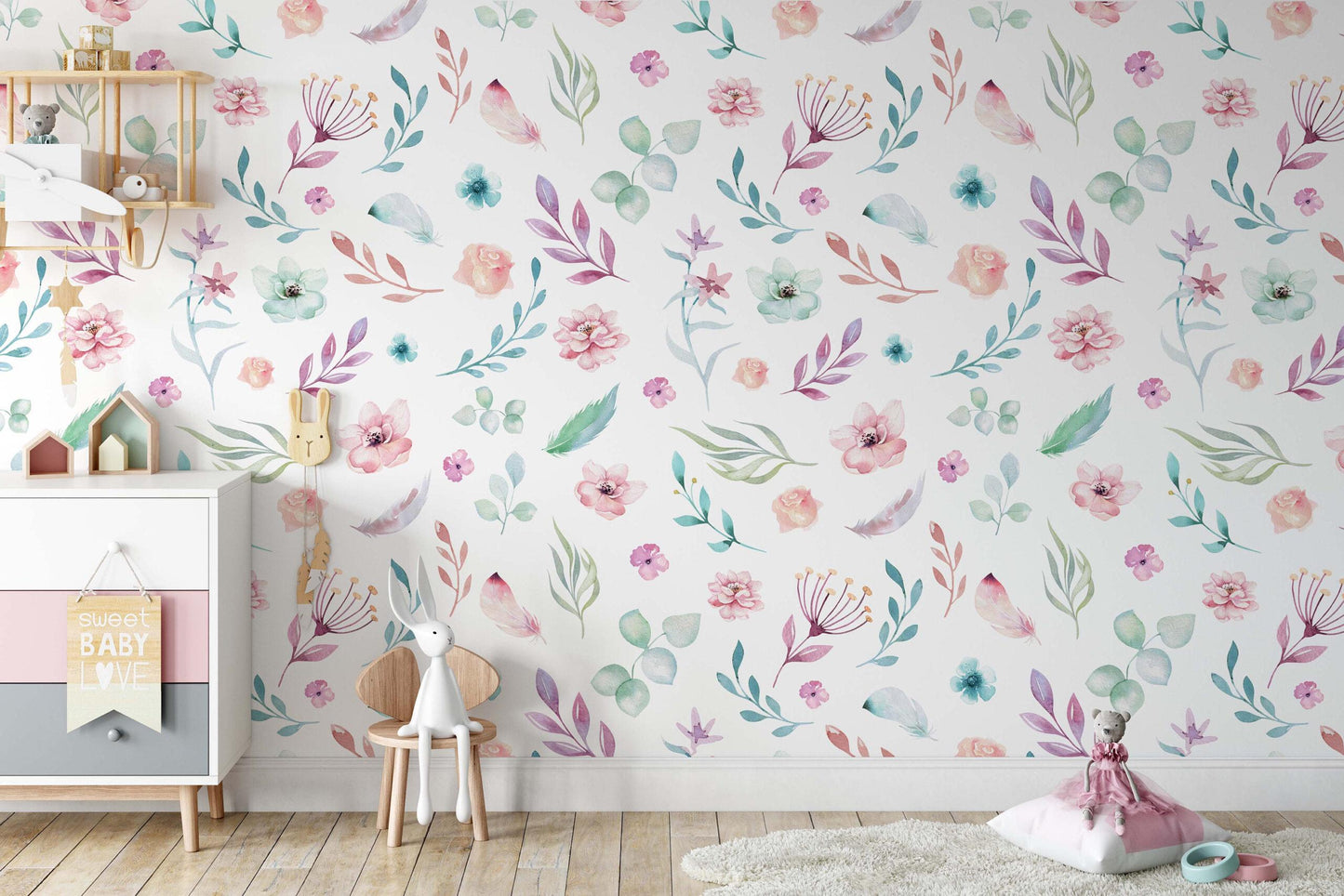 Pink Mini Flowers Garden Wallpaper, Watercolor Flowers Baby Girl Wallpaper, Flowers Garden Wallpaper, Watercolor Floral Wallpaper Nursery