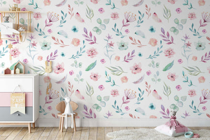 Pink Mini Flowers Garden Wallpaper, Watercolor Flowers Baby Girl Wallpaper, Flowers Garden Wallpaper, Watercolor Floral Wallpaper Nursery