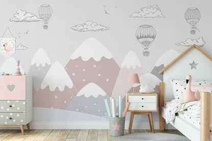 Pink Snowy Mountains Kids Wallpaper, Illustration Winter Child Wallpaper, Funny Baby Wallpaper Nursery, Baloons and Clouds Baby Wallpaper
