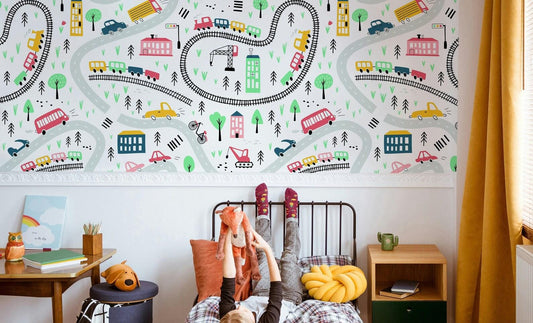 Colourful Vehicles Wallpaper, Funny Wallpaper Nursery, Baby Room Wallpaper, School Wallpaper, Cars and City Traffic Boys Wallpaper
