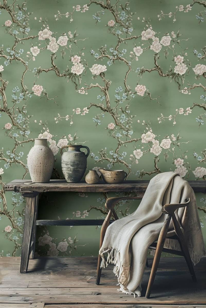 Chinoiserie Style Floral Wallpaper, Vintage Flower and Spring Branch Design Wall Poster on Green Background, Elegance Romantic Drawing Mural