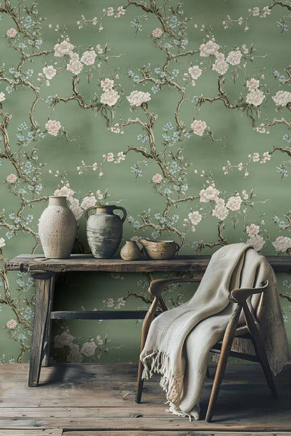 Green Chinoiserie Floral Wallpaper - Vintage Spring Botanical Mural