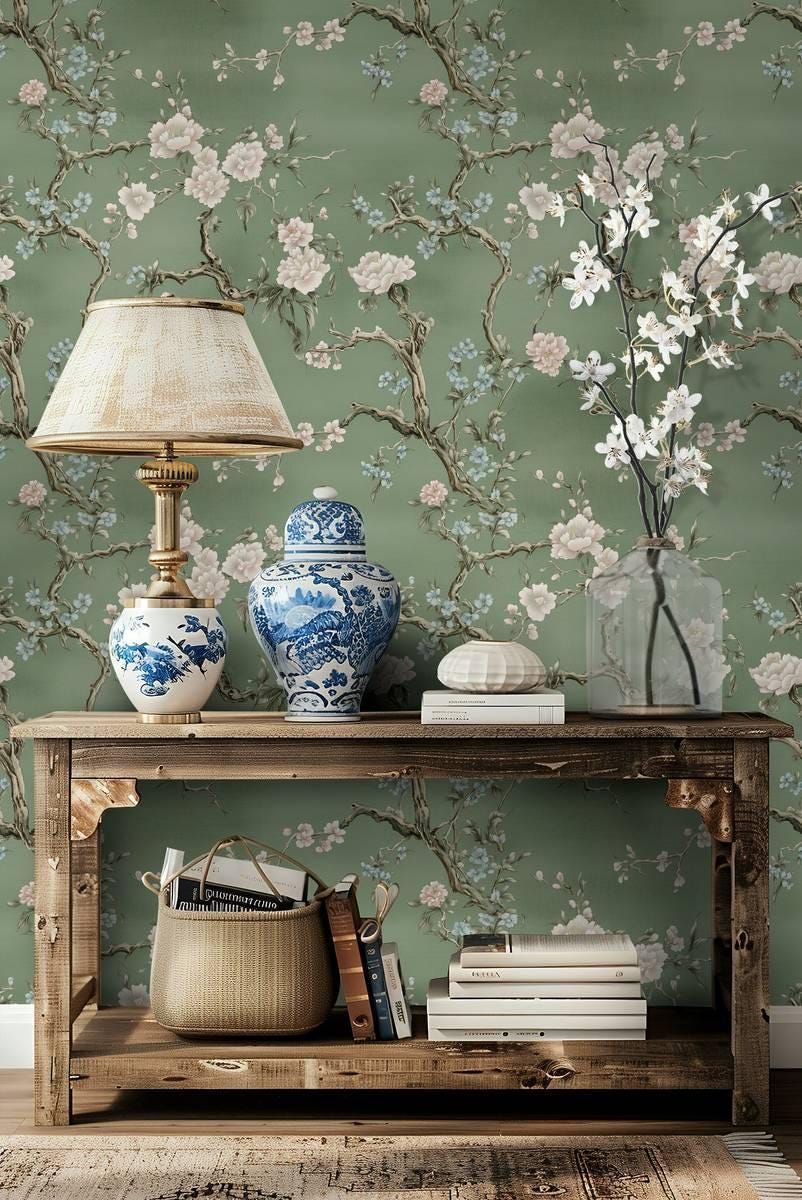 Chinoiserie Style Floral Wallpaper, Vintage Flower and Spring Branch Design Wall Poster on Green Background, Elegance Romantic Drawing Mural
